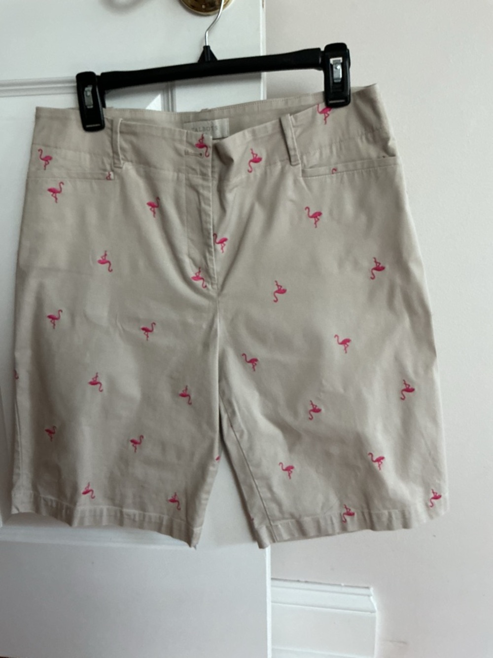Talbots Beige Bermuda Shorts with Pink Flamingo Embroidery